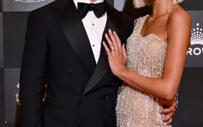 Josh Daicos and Annalise Dalins walk the Brownlow red carpet for the first time as an engaged couple