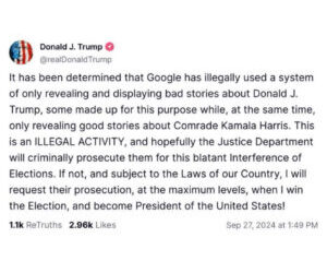 Trump Accuses Google of Election Interference, Threatens Prosecution if Re-Elected