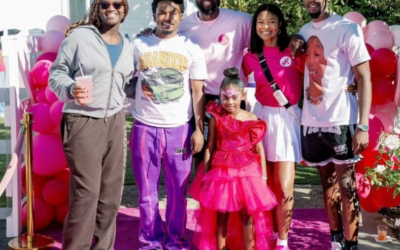 GABRIELLE UNION AND DAUGHTER, KAAVIA JAMES, TWIN IN PINK PJS FOR MOVIE NIGHT